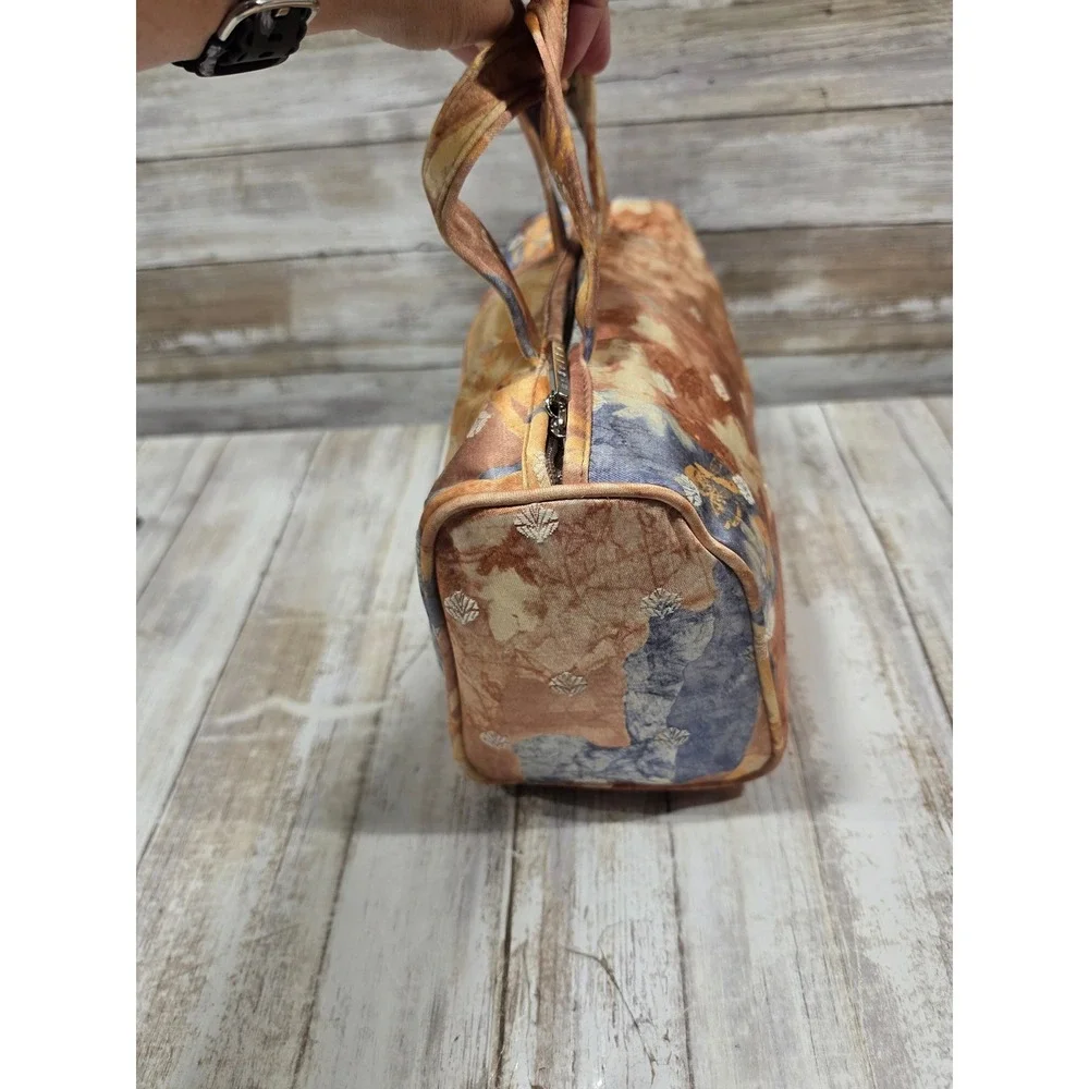 Living Things Co Abstract Floral Batik Canvas Barrel Travel Bag‎ Orange Blue NWT